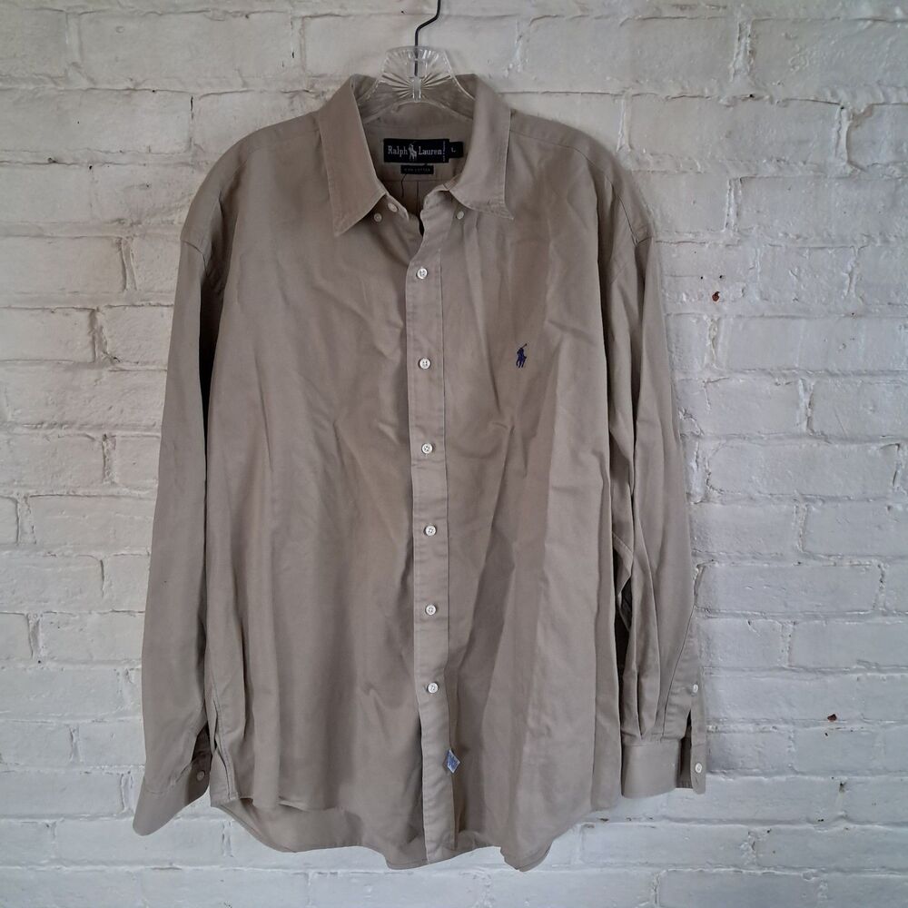 Ralph Lauren Beige Button-Up Dress Shirt with Navy Pony
